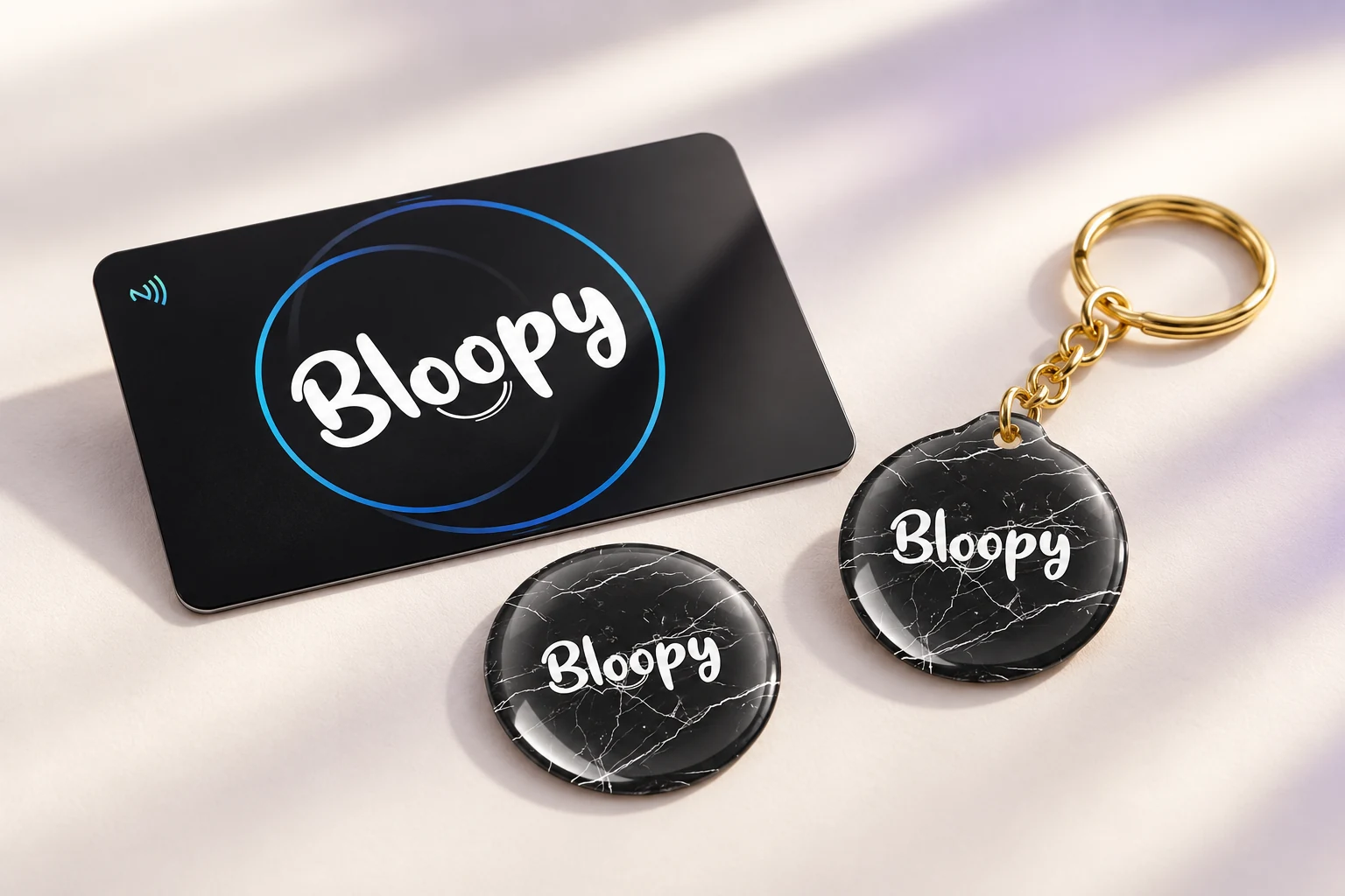 BLOOPY Black card, Marble sticker and Marble keychain
