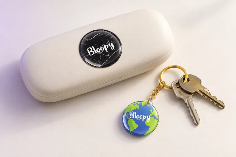 BLOOPY Marble sticker on a glasses case and Earth keychain attached to keys