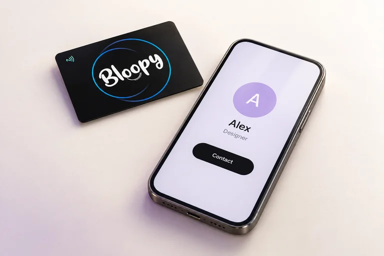 BLOOPY Black card beside a phone with an illustrative contact profile