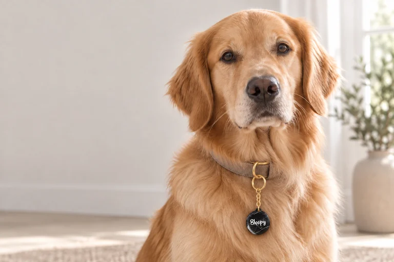 BLOOPY keychain attached to a dog’s collar ring